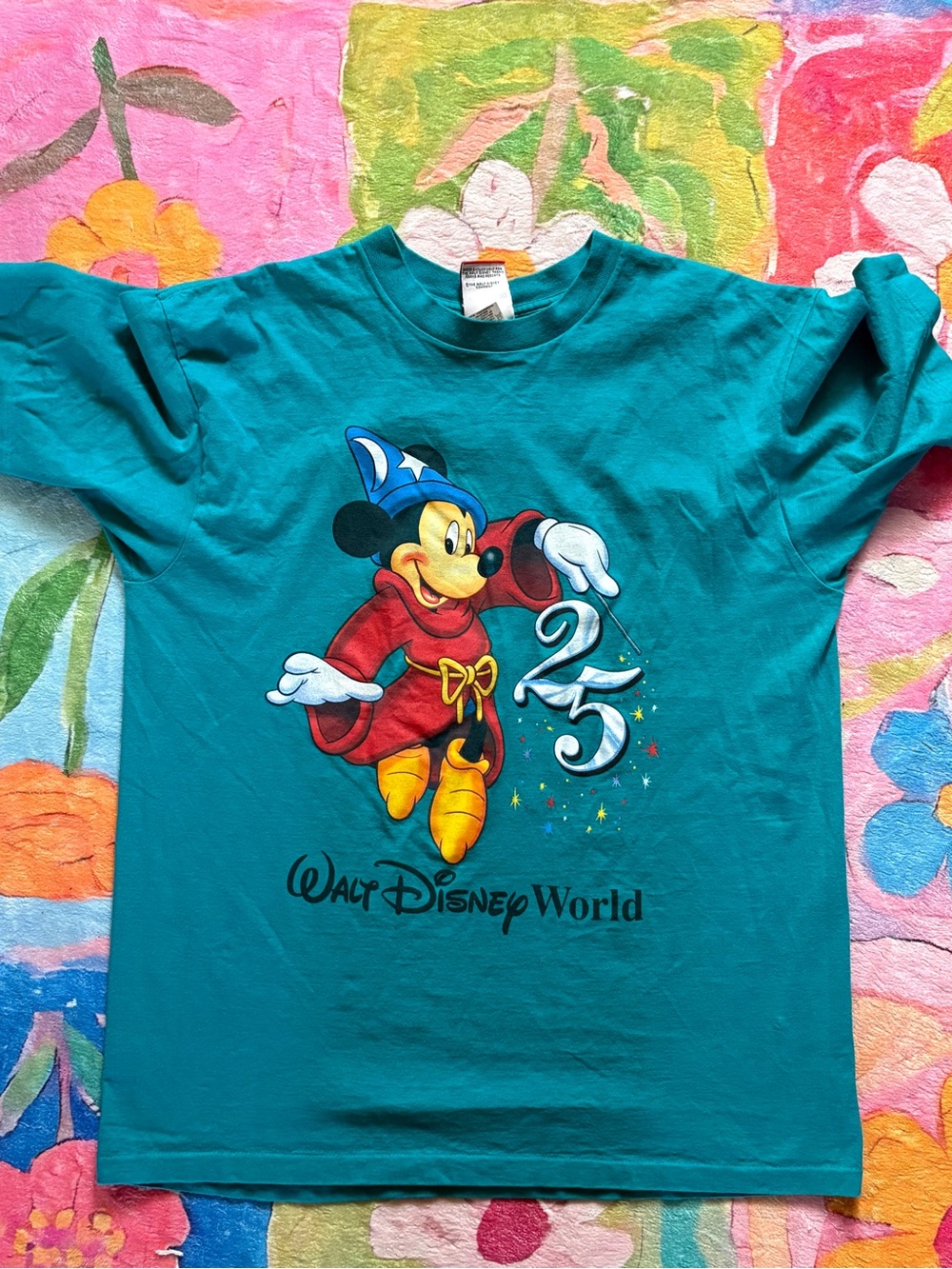 Vintage 90s Disney World 25th Anniversary Sorcerer Mickey T-Shirt Teal XL